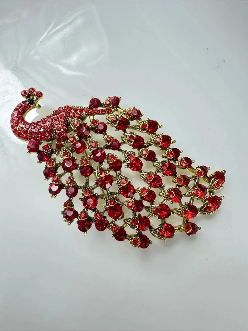 Red Crystal Peacock Brooch - Elegant Women's Jewelry